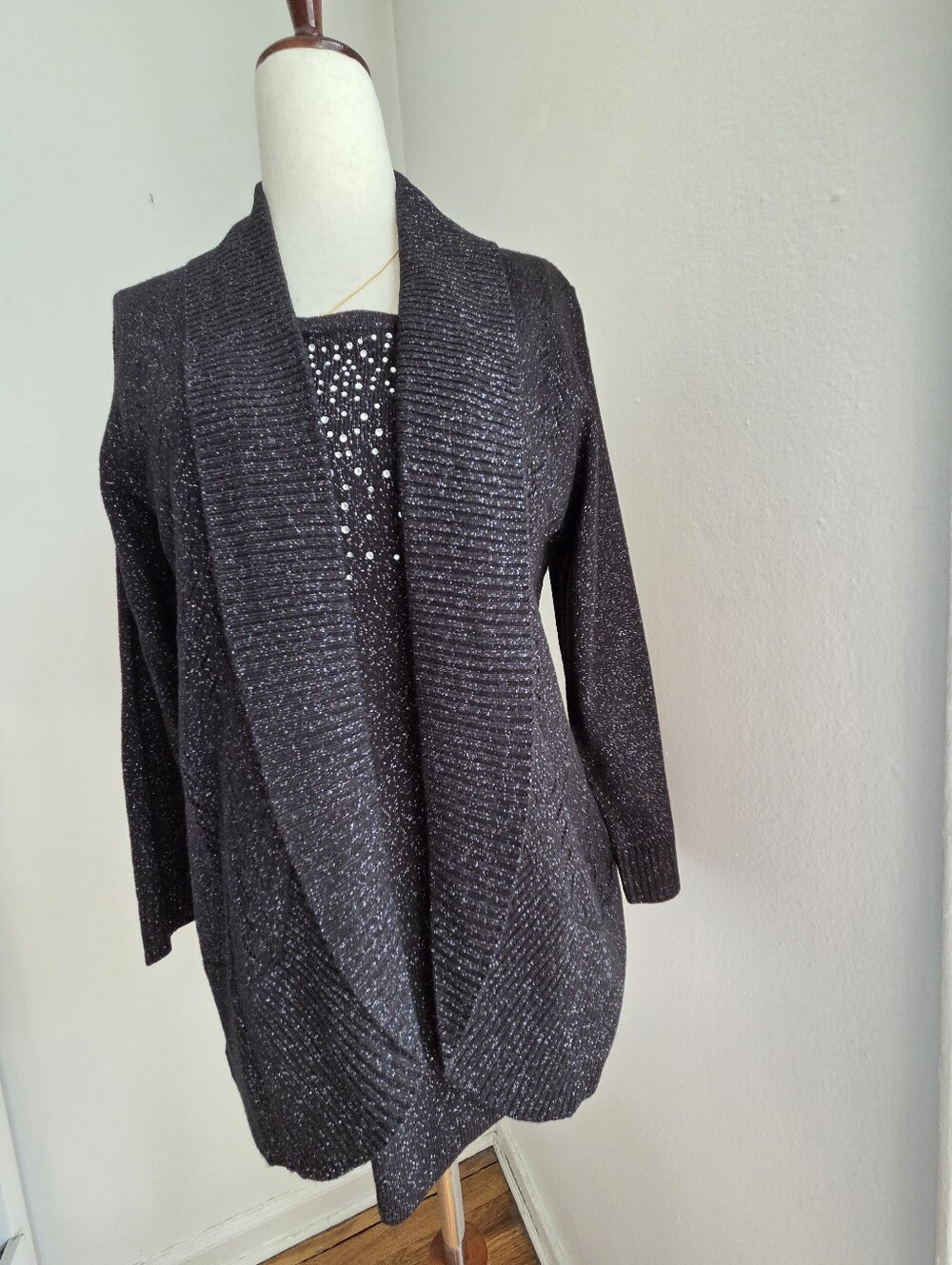 Laura Scott Black Sparkle Open-Front Knit Blazer